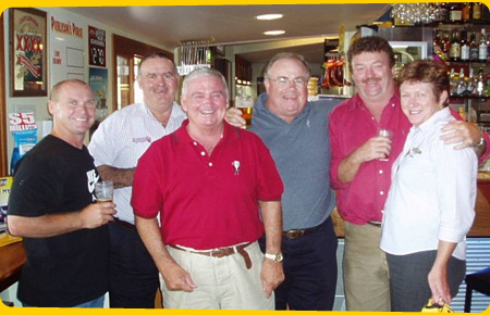 Allan Langer, Billy J Smith, Chris 'Budda' Handy and Mark from XXXX drop in for a drink with the Hotel's Bob and Julie Porter